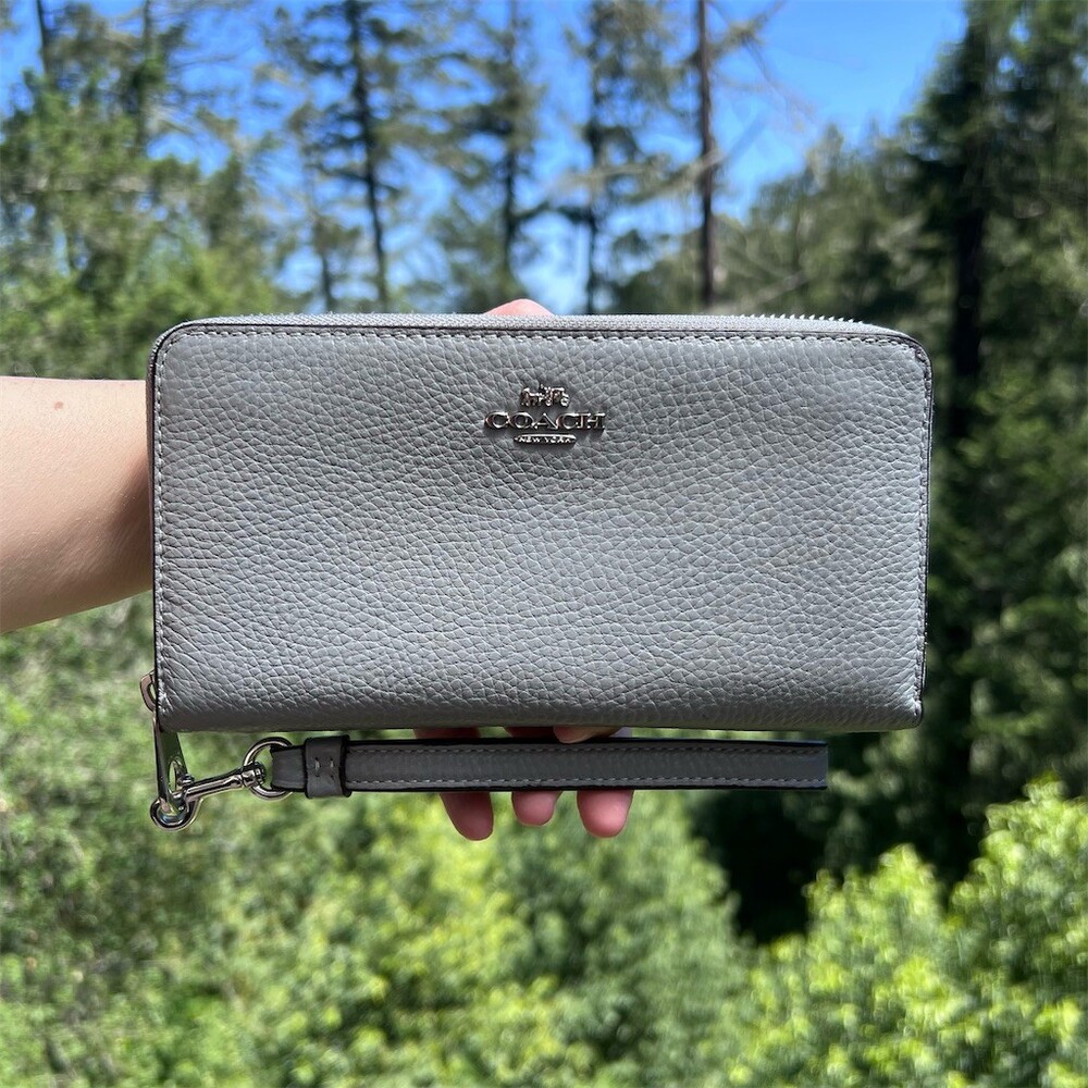 COACH Long Zip-Around Pebble Leather Wallet Gray/Blue w Silver Hardwar AUTHENTIC